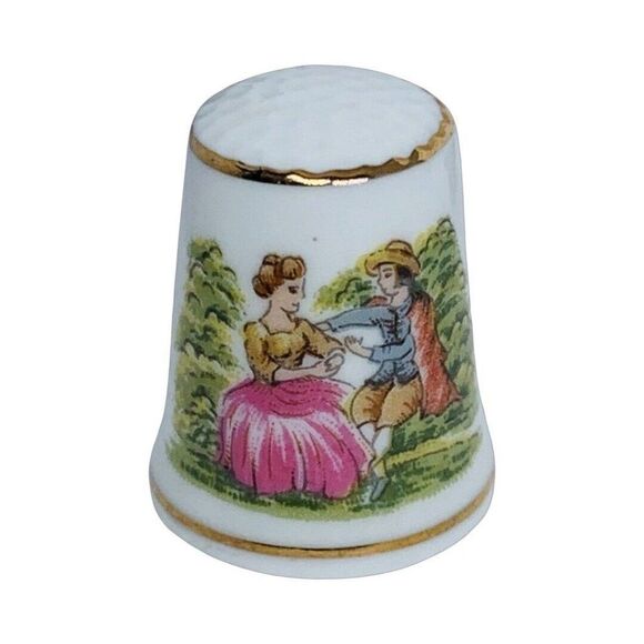 VTG Japan Bone China Limoges Woman Sewing Thimble Figural Couple Hand Painted - Picture 1 of 6